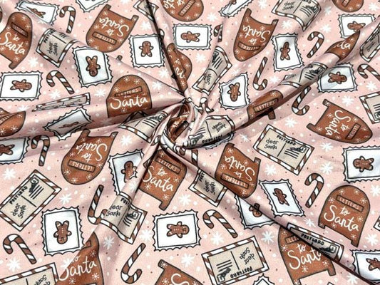 250 GSM DBP Brittany Frost Santas Letters Print #2058 Double Brushed Polyester Spandex Apparel Stretch Fabric 58"-60" Wide By The Yard