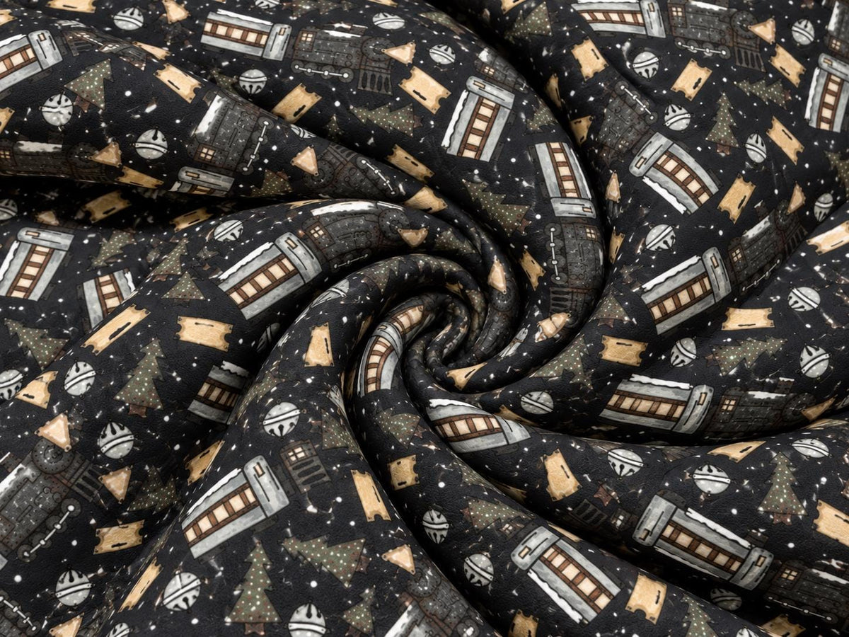 Brittany Frost Designs Xmas Trains Super Scuba Techno Print #2061 Double Knit Stretch Fabric Poly Spandex Fabric 58"-60" Wide By The Yard