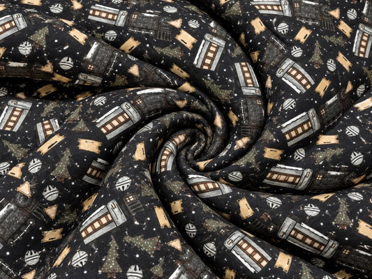 Brittany Frost Designs Xmas Trains Super Scuba Techno Print #2061 Double Knit Stretch Fabric Poly Spandex Fabric 58"-60" Wide By The Yard