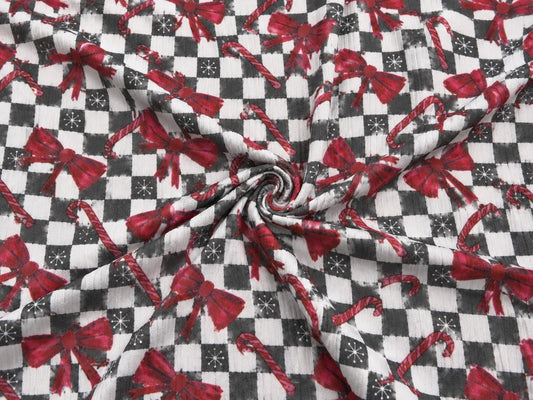 4x2 Rib Knit Brittany Frost Designs Christmas Checkerboard Bow DBP Print #2051 Spandex Stretch 190GSM Fabric 58"-60" Wide By The Yard
