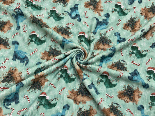 4x2 Rib Knit Brittany Frost Designs Christmas Dinos DBP Print #2055 Spandex Stretch 190GSM Fabric 58"-60" Wide By The Yard