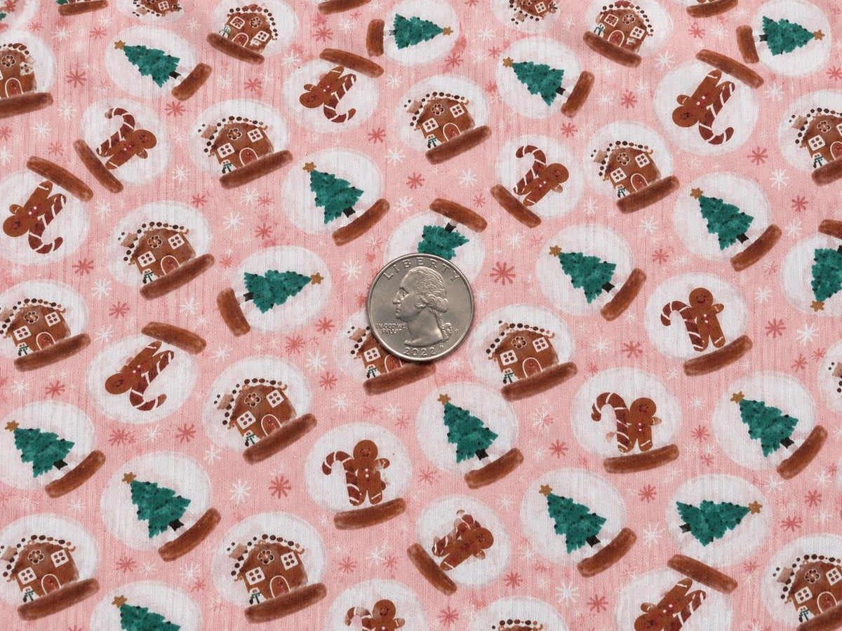 4x2 Rib Knit Brittany Frost Designs Christmas Snow Globe DBP Print #2057 Spandex Stretch 190GSM Fabric 58"-60" Wide By The Yard