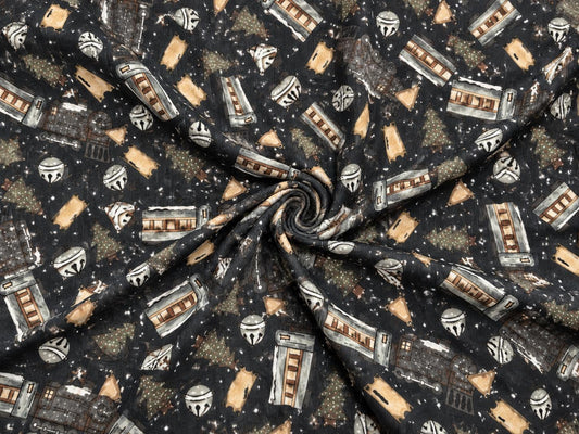 4x2 Rib Knit Brittany Frost Designs Christmas Trains DBP Print #2061 Spandex Stretch 190GSM Fabric 58"-60" Wide By The Yard