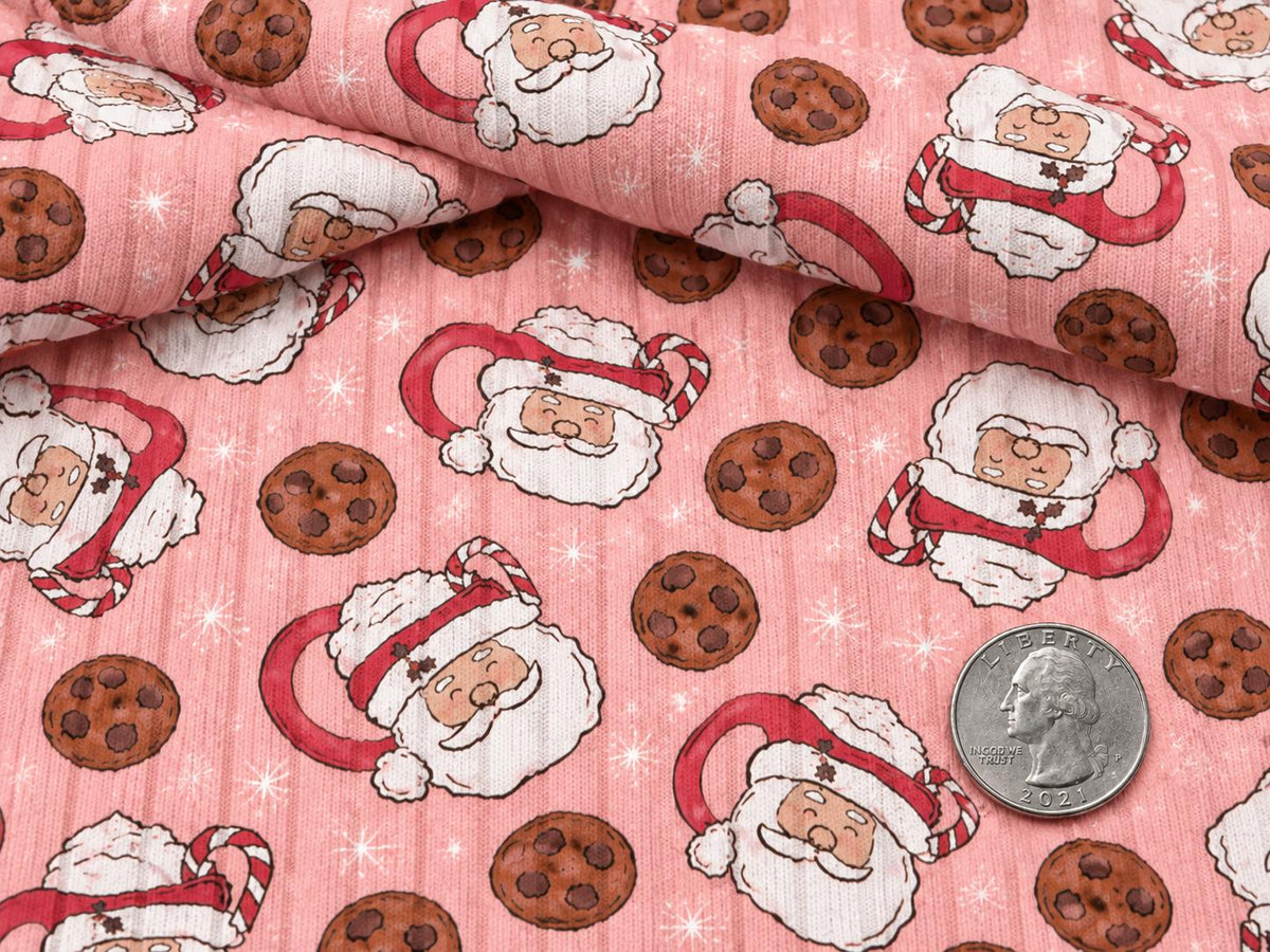 8x3 Rib Brittany Frost Designs Christmas Santa Mug DBP Knit Print #2052 Poly Spandex Stretch 190GSM Apparel Fabric 58"-60" Wide By The Yard