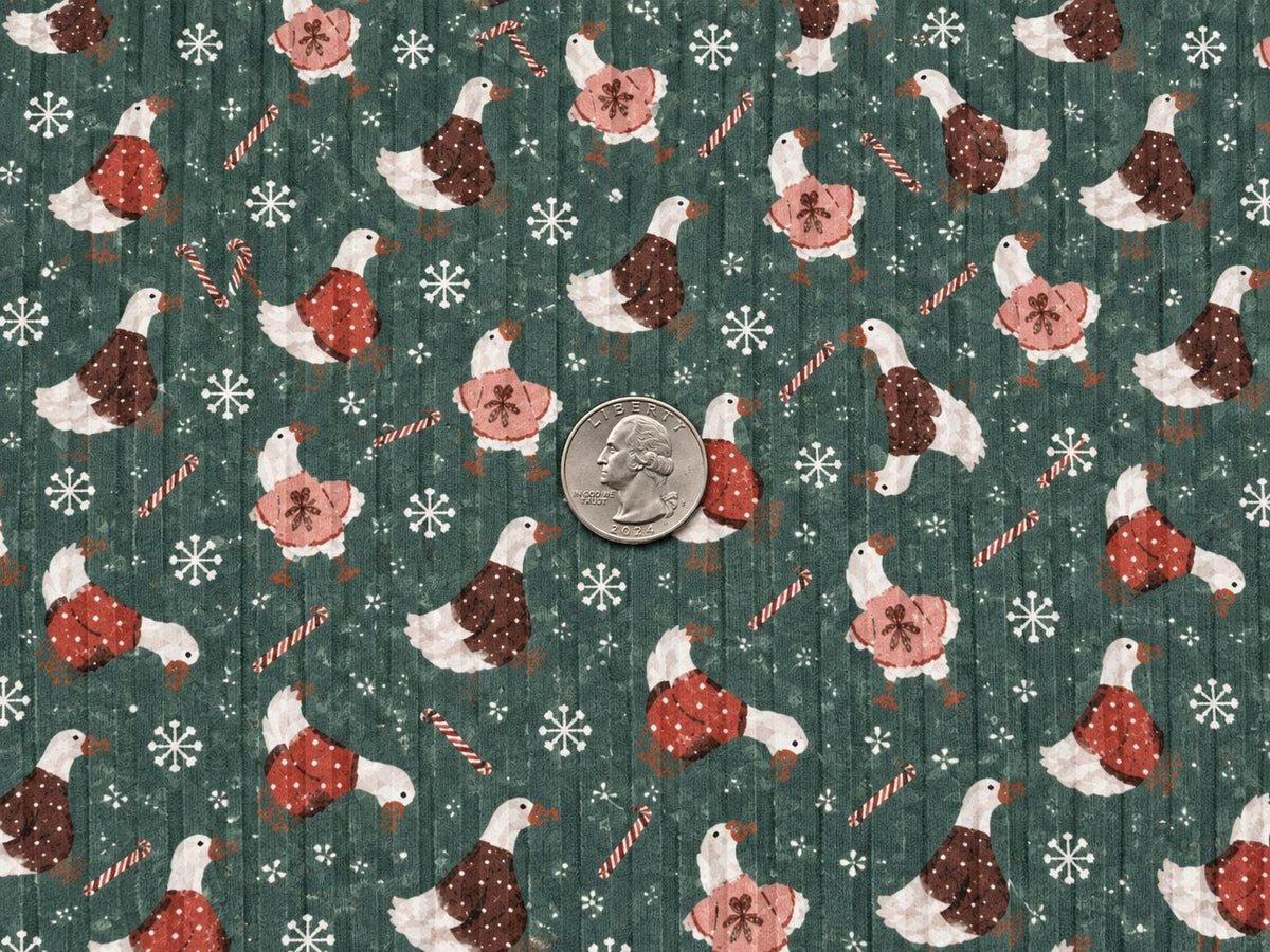 8x3 Rib Brittany Frost Designs Christmas Geese DBP Knit Print #2054 Poly Spandex Stretch 190GSM Apparel Fabric 58"-60" Wide By The Yard