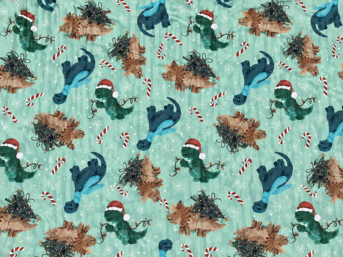 8x3 Rib Brittany Frost Designs Christmas Dino DBP Knit Print #2055 Poly Spandex Stretch 190GSM Apparel Fabric 58"-60" Wide By The Yard