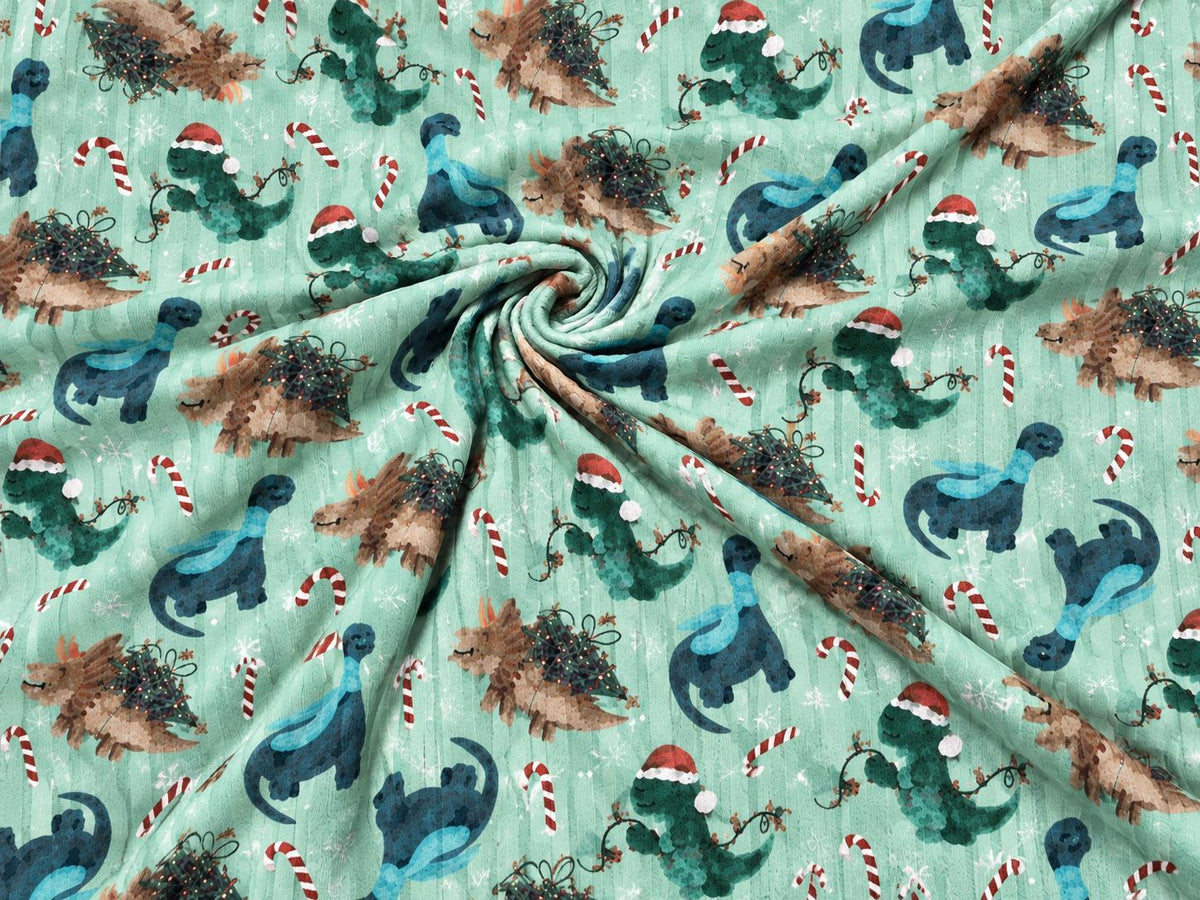 8x3 Rib Brittany Frost Designs Christmas Dino DBP Knit Print #2055 Poly Spandex Stretch 190GSM Apparel Fabric 58"-60" Wide By The Yard