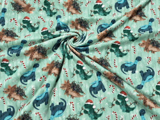 8x3 Rib Brittany Frost Designs Christmas Dino DBP Knit Print #2055 Poly Spandex Stretch 190GSM Apparel Fabric 58"-60" Wide By The Yard