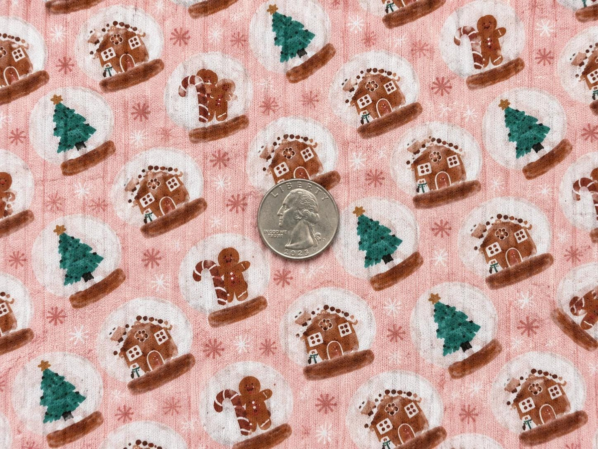 8x3 Rib Brittany Frost Designs Christmas Snow Globe DBP Knit Print #2057 Poly Spandex Stretch 190GSM Apparel Fabric 58"-60" Wide By The Yard