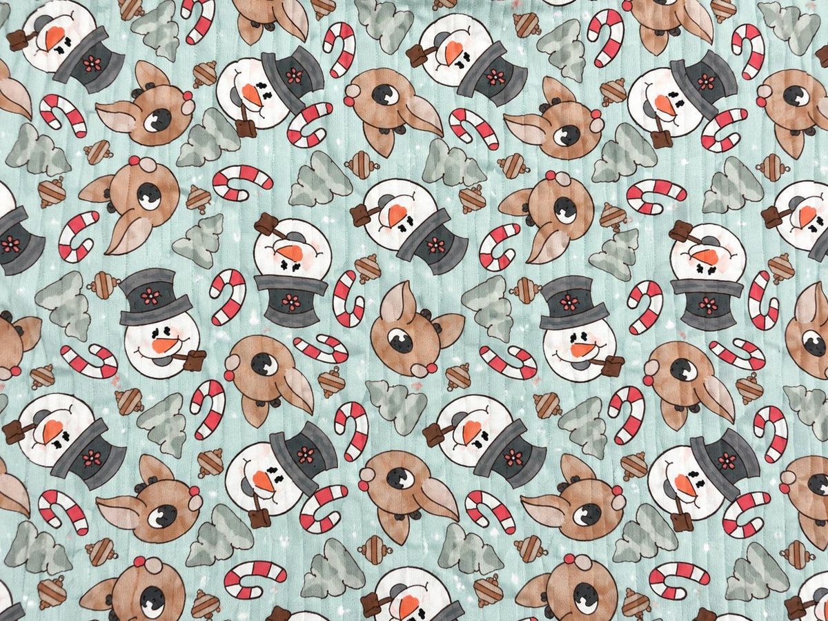 8x3 Rib Brittany Frost Designs Reindeer Snowman DBP Knit Print #2060 Poly Spandex Stretch 190GSM Apparel Fabric 58"-60" Wide By The Yard