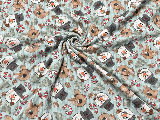 8x3 Rib Brittany Frost Designs Reindeer Snowman DBP Knit Print #2060 Poly Spandex Stretch 190GSM Apparel Fabric 58"-60" Wide By The Yard