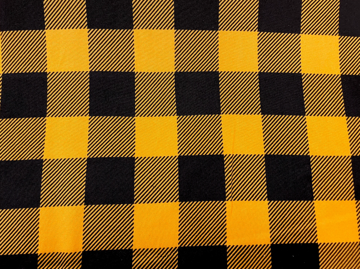 1.75" Buffalo Plaid DBP Print #525 Black Mustard Double Brushed Polyester Spandex Apparel Stretch Fabric 190 GSM 58"-60" Wide By The Yard