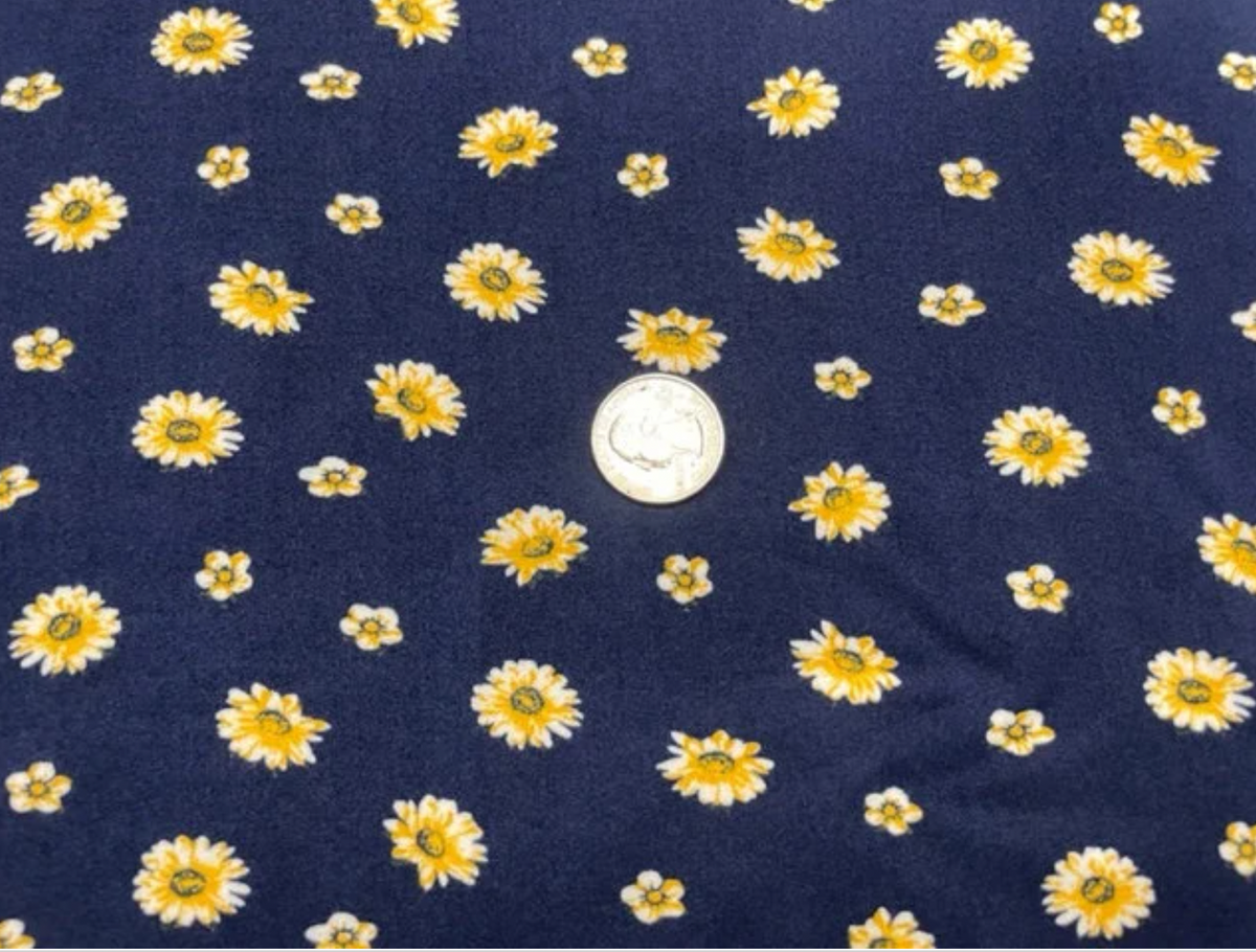 Sunflower Floral Navy DBP Print #530 Double Brushed Polyester Spandex Apparel Stretch Fabric 190 GSM 58"-60" Wide By The Yard