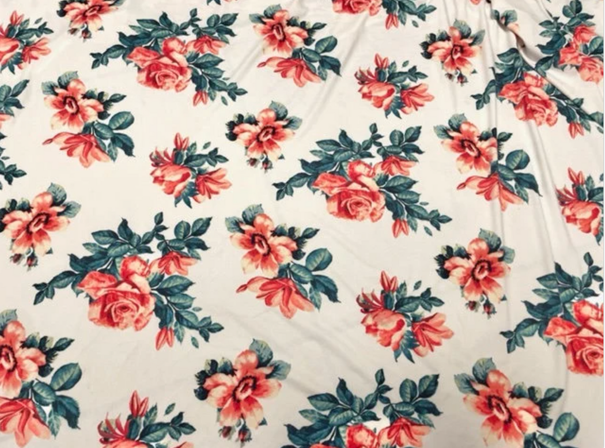 Classic Floral Rose DBP Print #758 Double Brushed Polyester Spandex Apparel Stretch Fabric 190 GSM 58"-60" Wide By The Yard