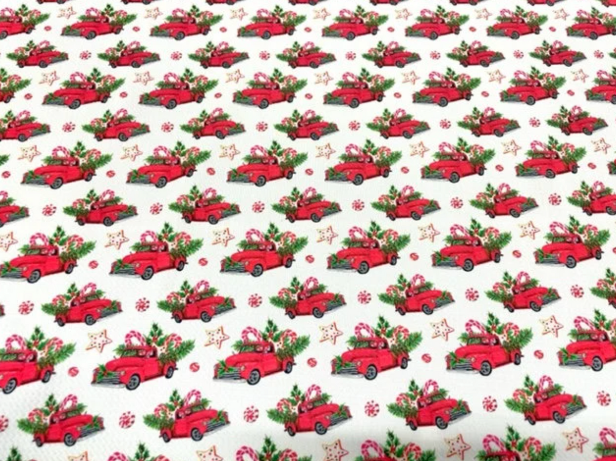 Classic Christmas Truck Bullet Print #656 Ribbed Scuba Techno Double Knit 2-Way Stretch Poly Spandex Apparel Craft Fabric 58"-60" Wide BTY