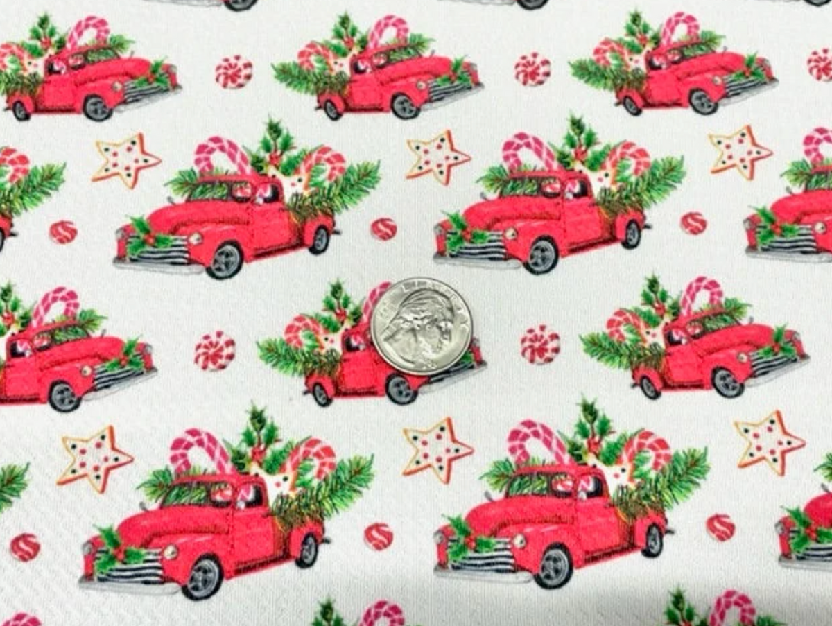 Classic Christmas Truck Bullet Print #656 Ribbed Scuba Techno Double Knit 2-Way Stretch Poly Spandex Apparel Craft Fabric 58"-60" Wide BTY