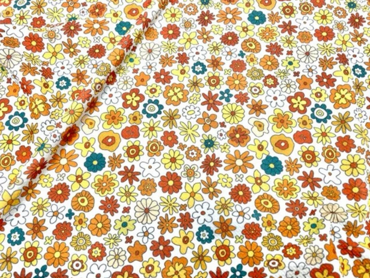 Retro Fall Floral Flower Bullet Print #724 Ribbed Scuba Techno Double Knit 2-Way Stretch Poly Spandex Apparel Craft Fabric 58"-60" Wide BTY