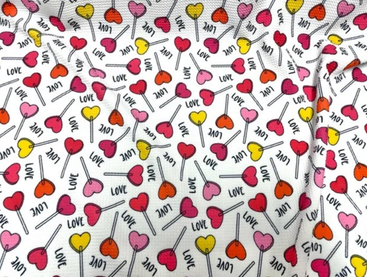 Heart Lollipop V-Day Bullet Print #834 Ribbed Scuba Techno Double Knit 2-Way Stretch Poly Spandex Apparel Craft Fabric 58"-60" Wide BTY