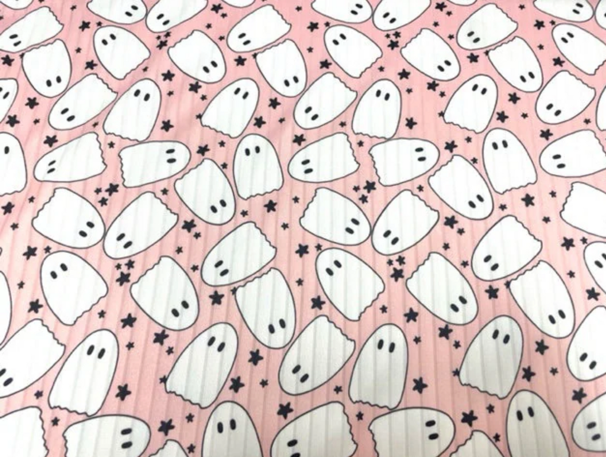 8x3 Rib Brittany Frost Designs Pink Ghosts DBP Knit Print #296 Brushed Poly Spandex Stretch 190GSM Apparel Fabric 58"-60" Wide By The Yard