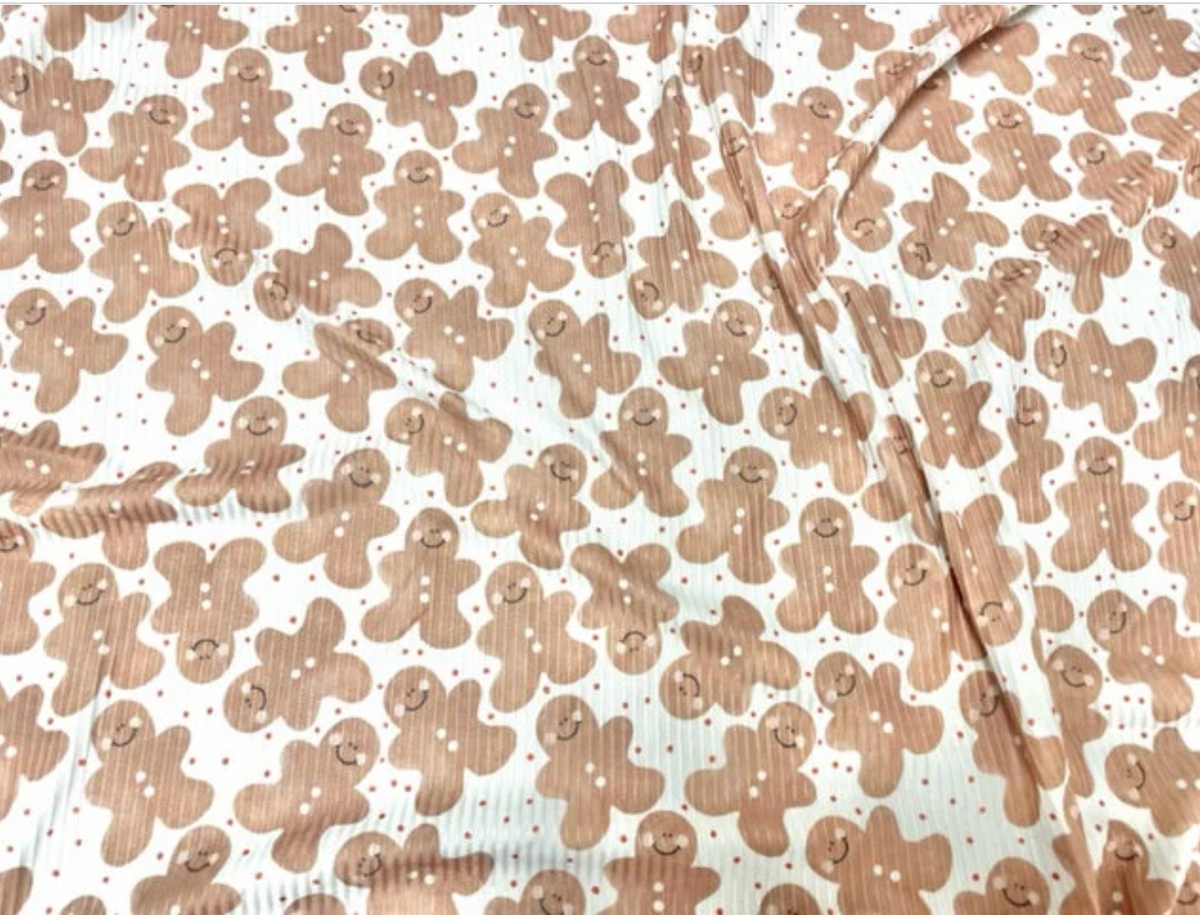 4x2 Rib Knit Brittany Frost Designs Gingerbread Man DBP Print #435 Double Brush Poly Spandex Stretch 190GSM Fabric 58"-60" Wide By The Yard