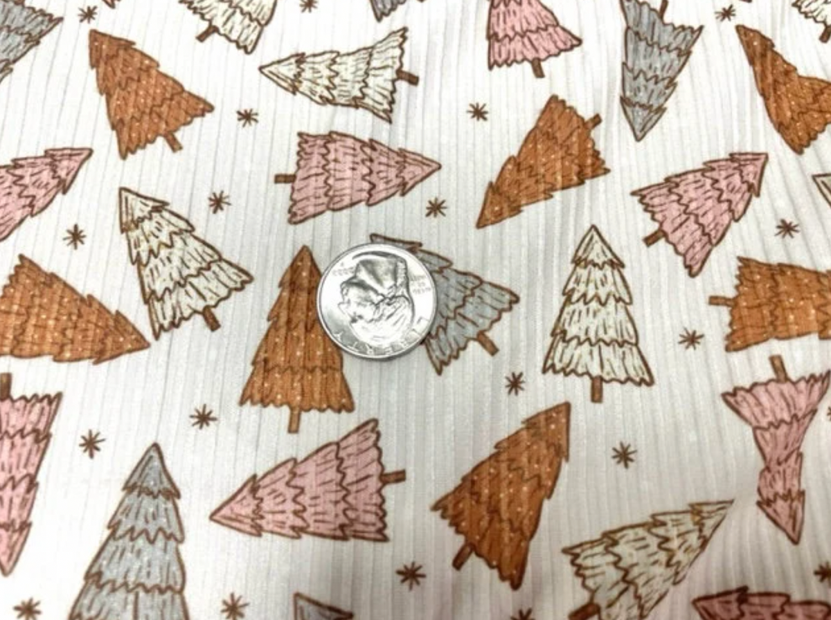 4x2 Rib Knit Brittany Frost Designs Christmas Trees DBP Print #426 Double Brush Poly Spandex Stretch 190GSM Fabric 58"-60" Wide By The Yard