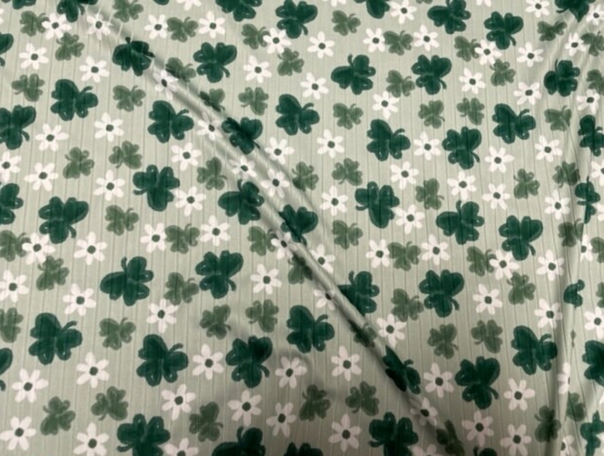 8x3 Rib Brittany Frost Designs Clover Daisy DBP Knit Print #500 Brushed Poly Spandex Stretch 190GSM Apparel Fabric 58"-60" Wide By The Yard
