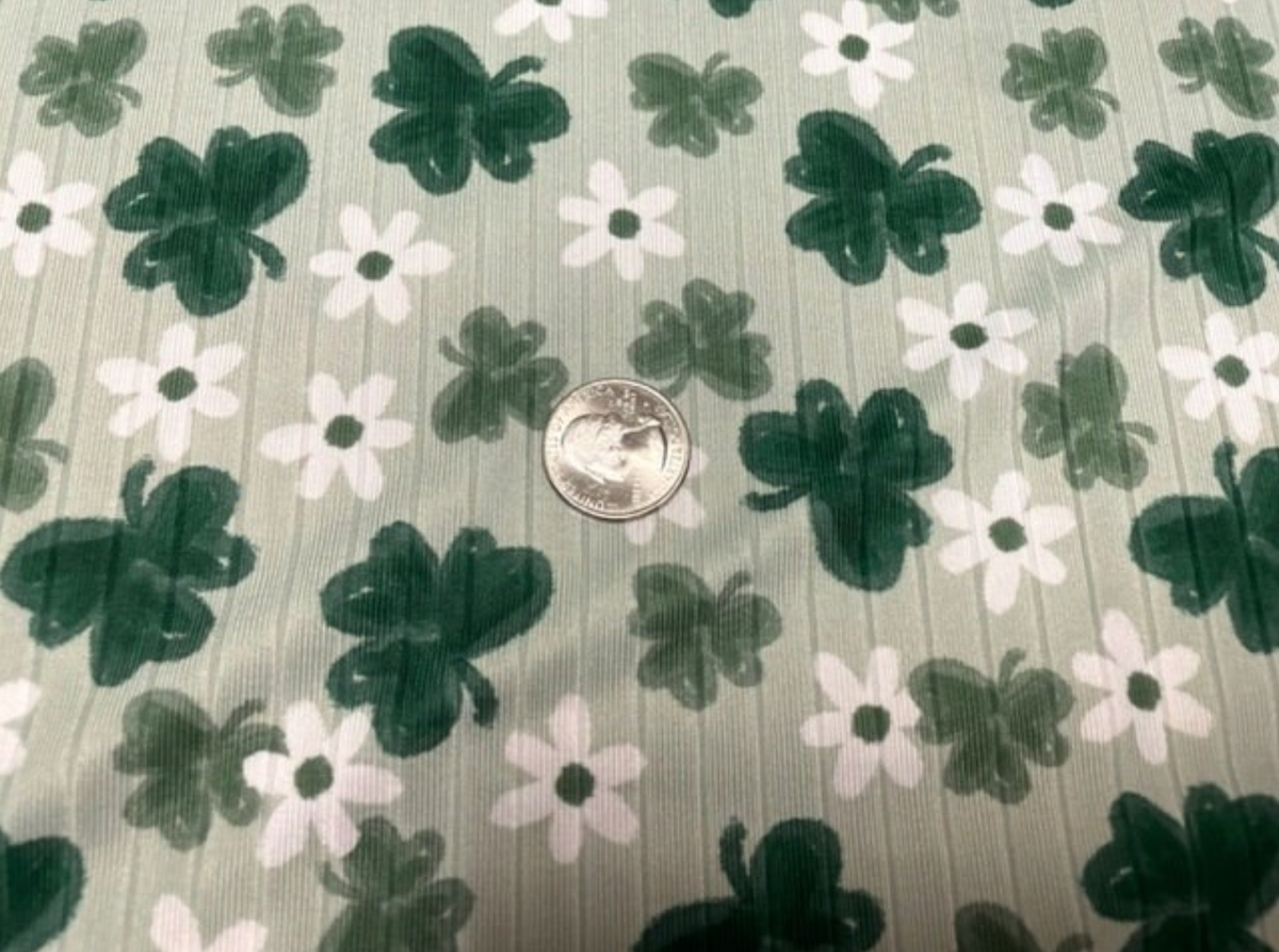 8x3 Rib Brittany Frost Designs Clover Daisy DBP Knit Print #500 Brushed Poly Spandex Stretch 190GSM Apparel Fabric 58"-60" Wide By The Yard