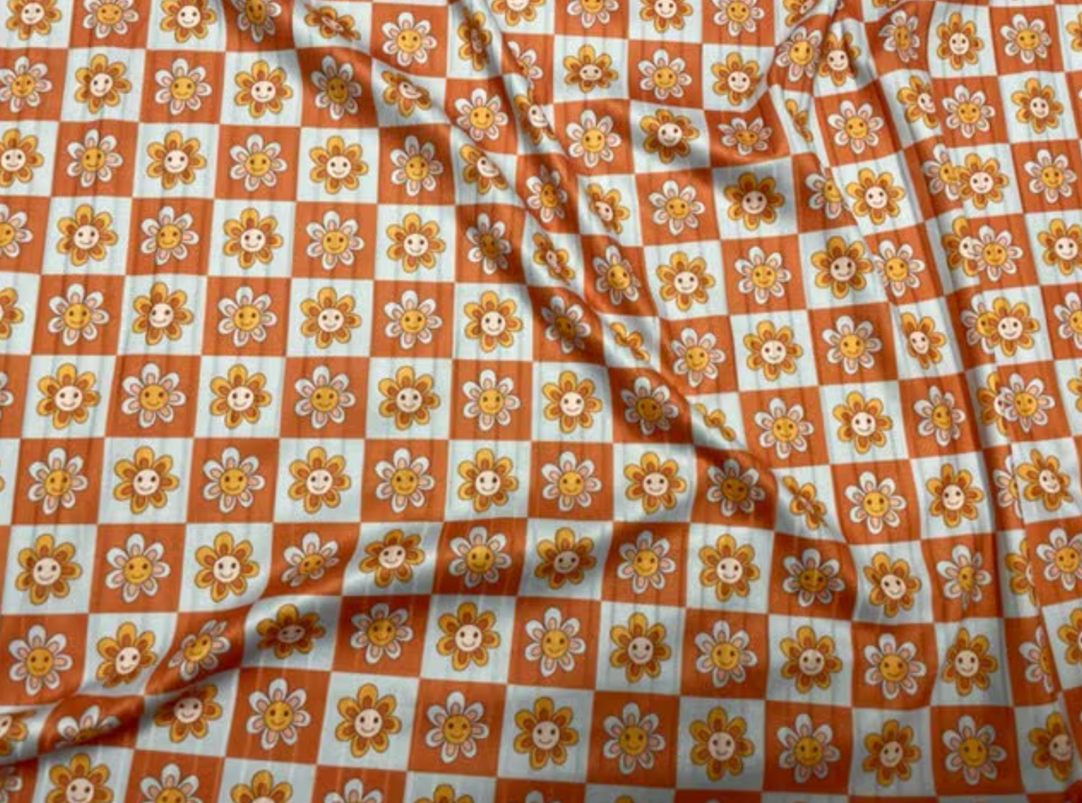 8x3 Retro Smiley Daisy Checkerboard DBP Knit Print #368 Double Brushed Poly Spandex Stretch 190GSM Apparel Fabric 58"-60" Wide By The Yard