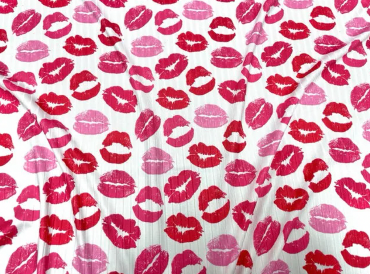 8x3 Rib Lips Kiss Valentine's Day DBP Knit Print #485 Double Brushed Poly Spandex Stretch 190GSM Apparel Fabric 58"-60" Wide By The Yard