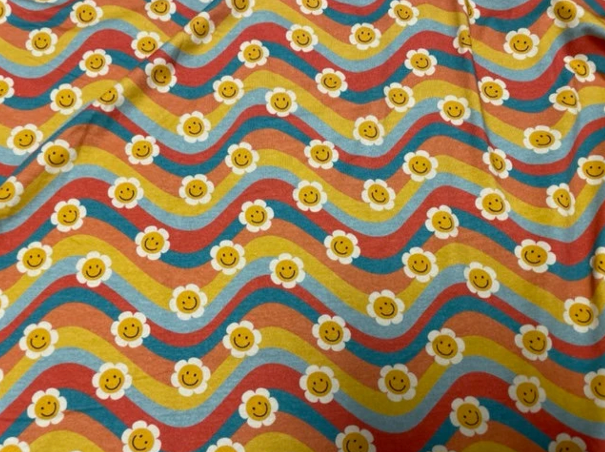 Wavy Groovy Smiley Floral Cotton Spandex Print #75 230GSM Jersey Knit Stretch Exercise Apparel Fabric Photography 58"-60" Wide By The Yard