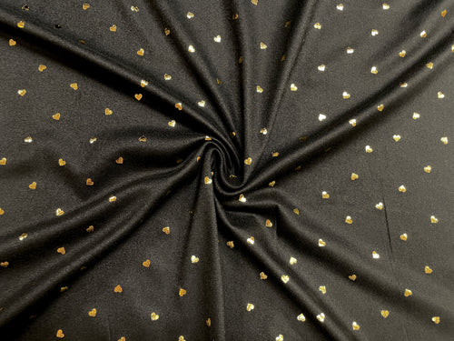Metallic Gold Hearts DBP Print #348 Double Brushed Polyester Spandex Apparel Stretch Fabric 190 GSM 58