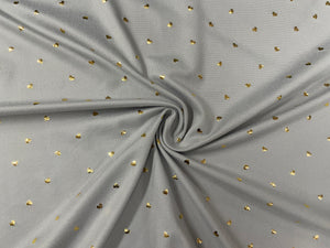 Metallic Gold Hearts Silver DBP Print #349 Double Brushed Polyester Spandex Apparel Stretch Fabric 190 GSM 58"-60" Wide By The Yard