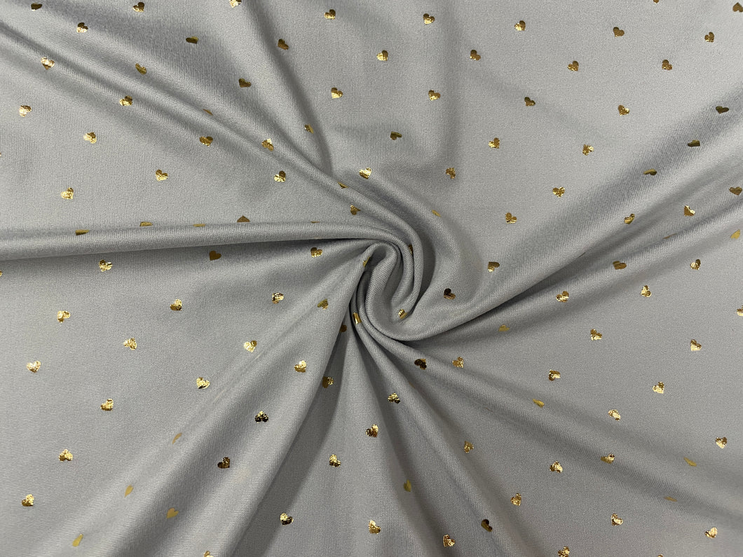 Metallic Gold Hearts Silver DBP Print #349 Double Brushed Polyester Spandex Apparel Stretch Fabric 190 GSM 58
