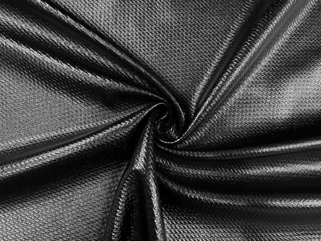 Shiny Black Pleather #203 Bullet Ribbed Scuba Techno Double Knit 2-Way Stretch Polyester Spandex Apparel Craft Fabric 58"-60" Wide By The Yard